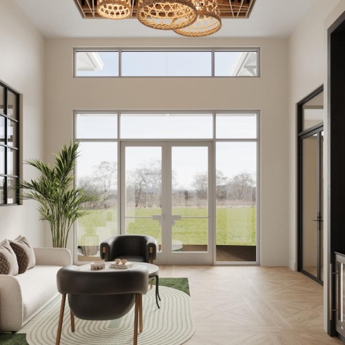 a lounge with a refrigerator, large windows and a rug