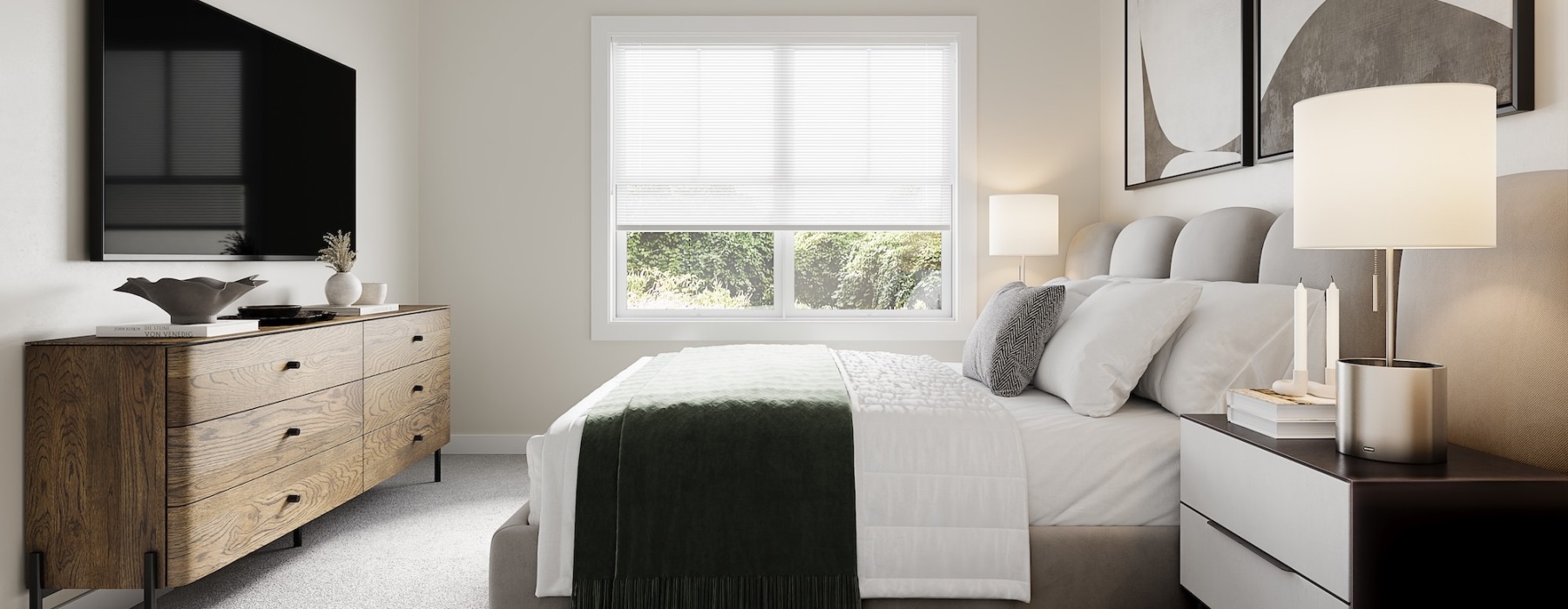 a naturally lit bedroom with a tv, dresser, and bedside tables