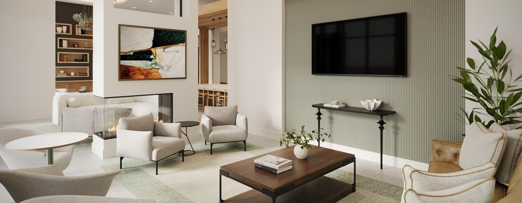 a spacious room with a large tv and plenty of lounging couches at the Preserve at West Carroll in Kissimmee, Florida