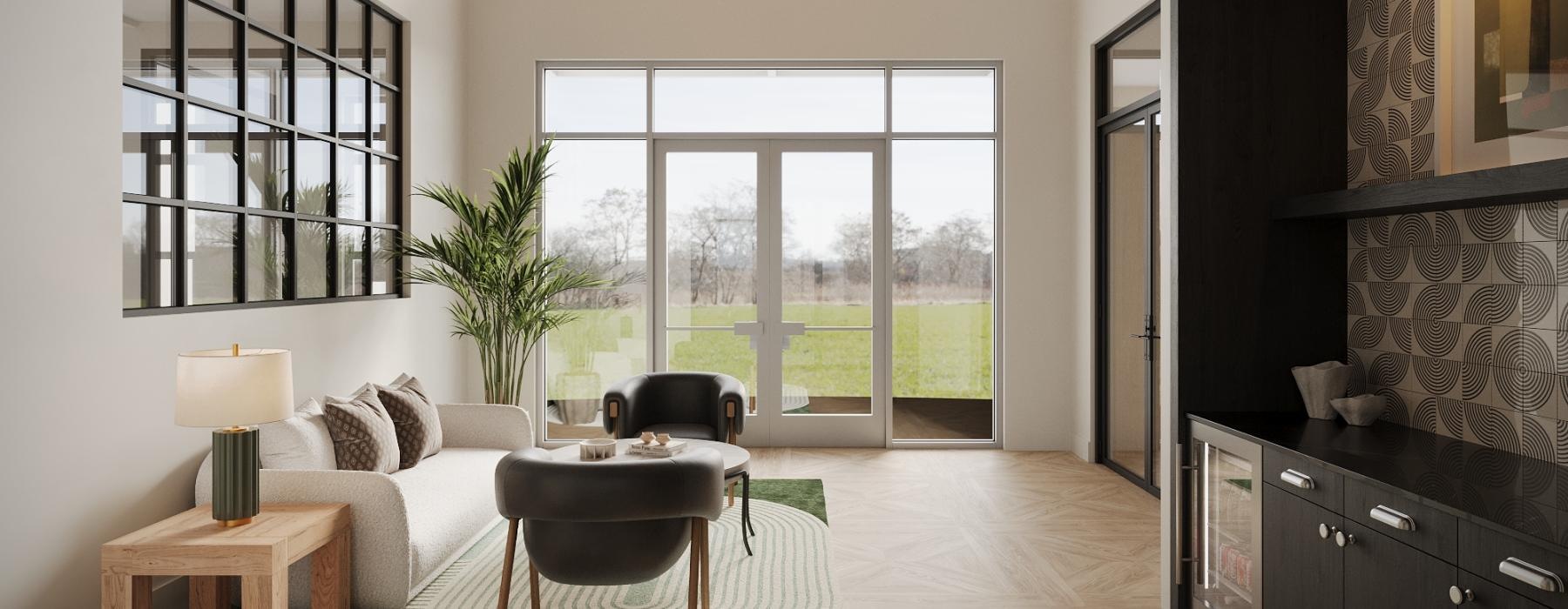 a lounge with a refrigerator, large windows and a rug